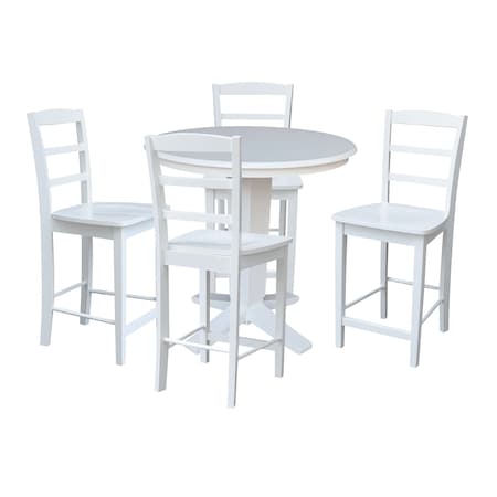 International Concepts 36 in. Solid Wood Round Top Pedestal Dining Table with 4 Counter Height Stools in White K08-36RT-23B-S402-4